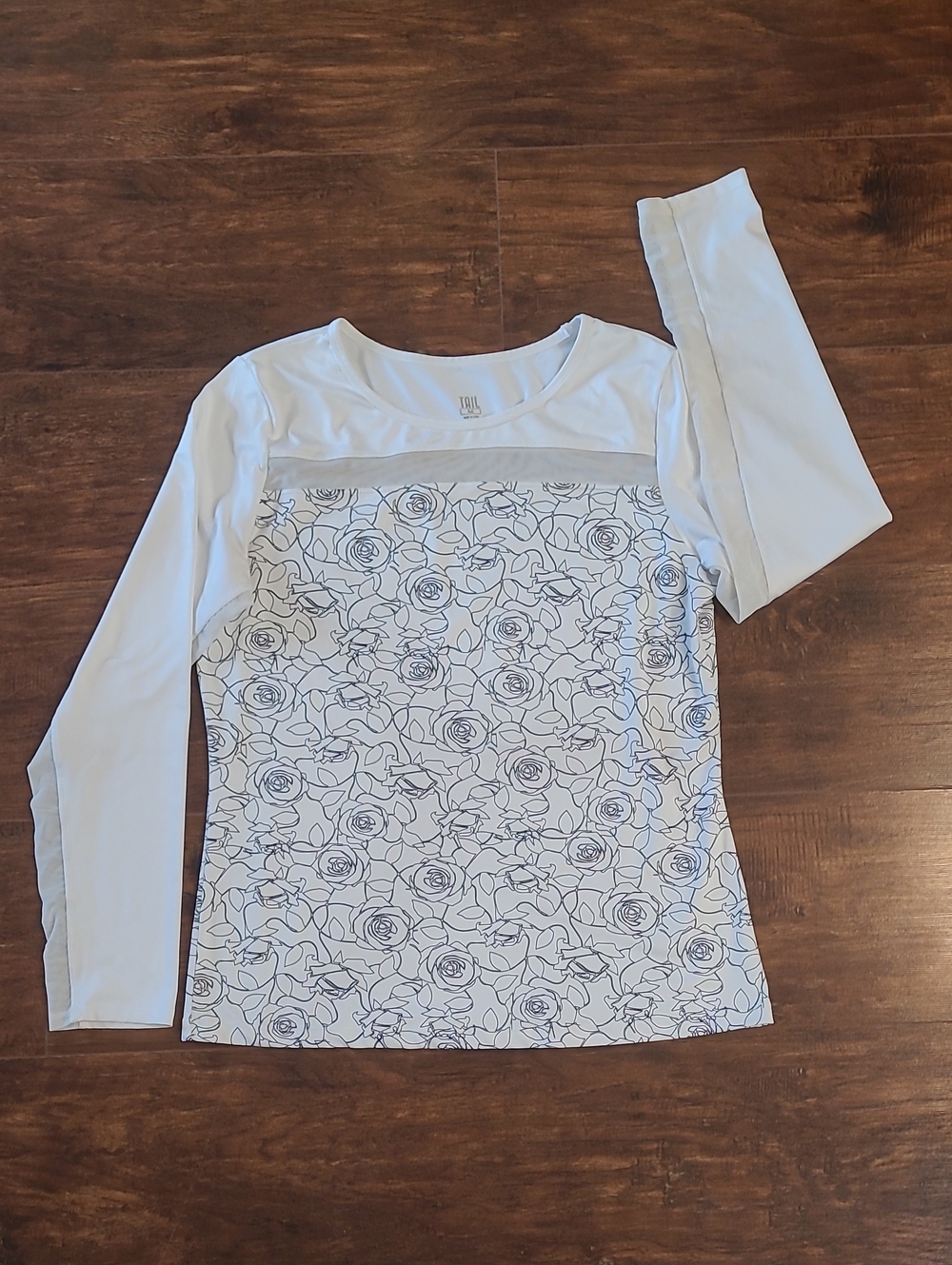 Tail White Long-Sleeve Floral Line Print Top Size Med